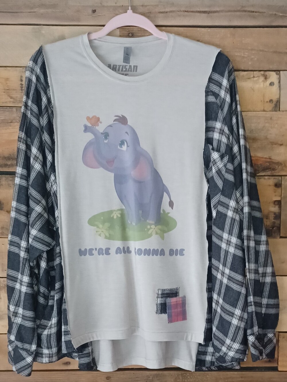 Upcycled Light Gray Graphic T-shirt With Flannel Sleeves